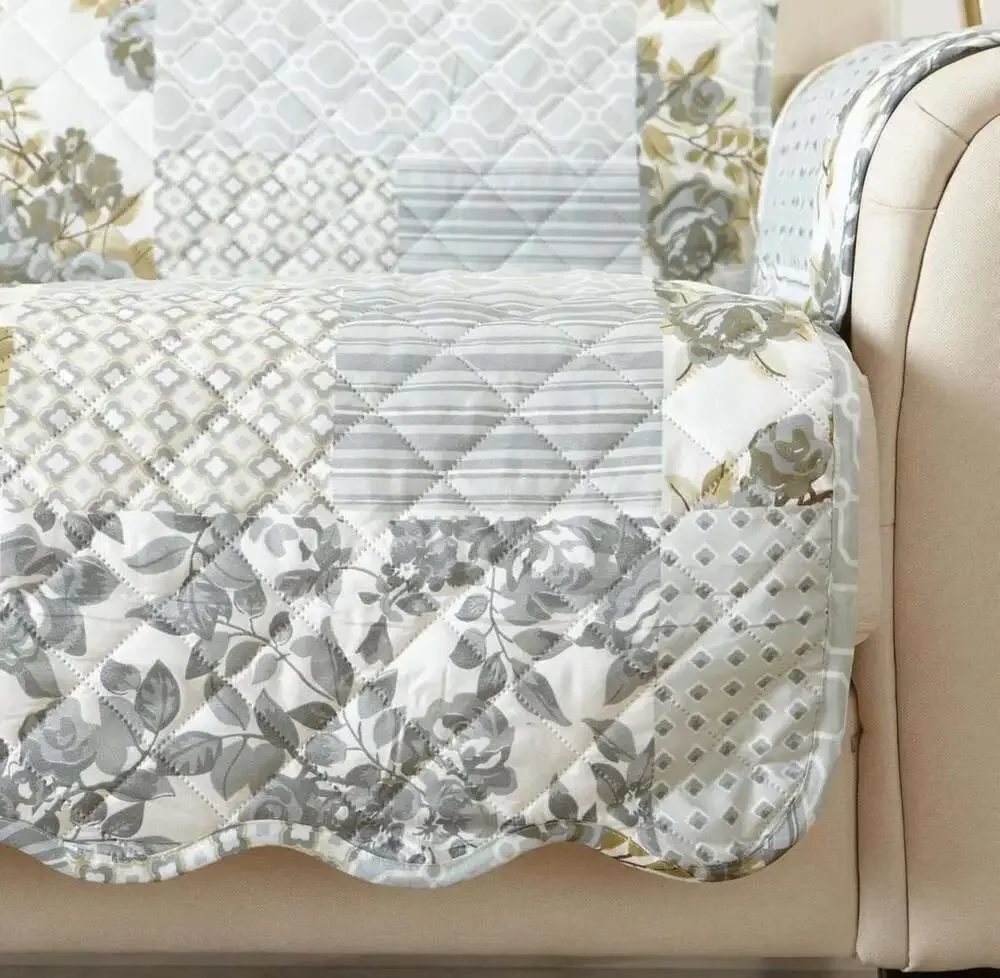 Great Bay Home Patchwork Scalloped Reversible Armchair Furniture Protector, Grey